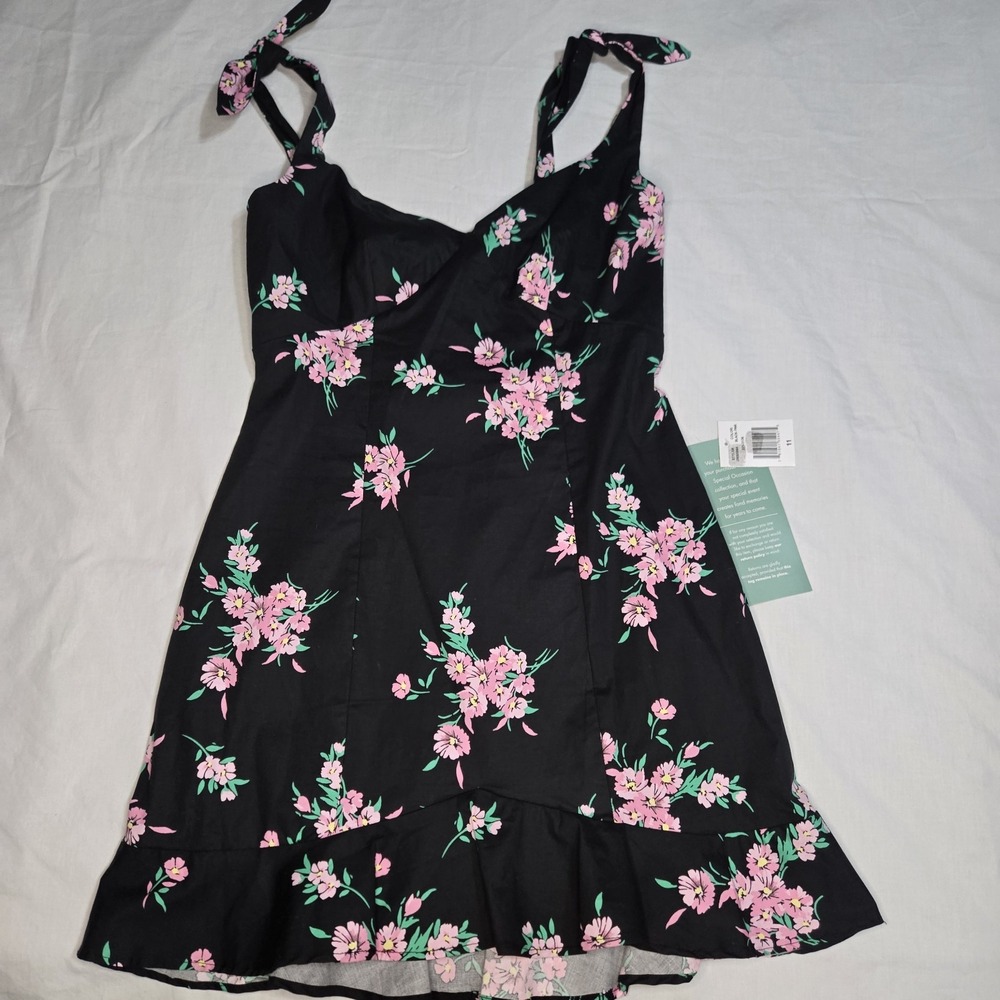 NWT B Smart DressJuniors Size 11 Black Pink Floral Stretch Zip Strap Bows Ruffle